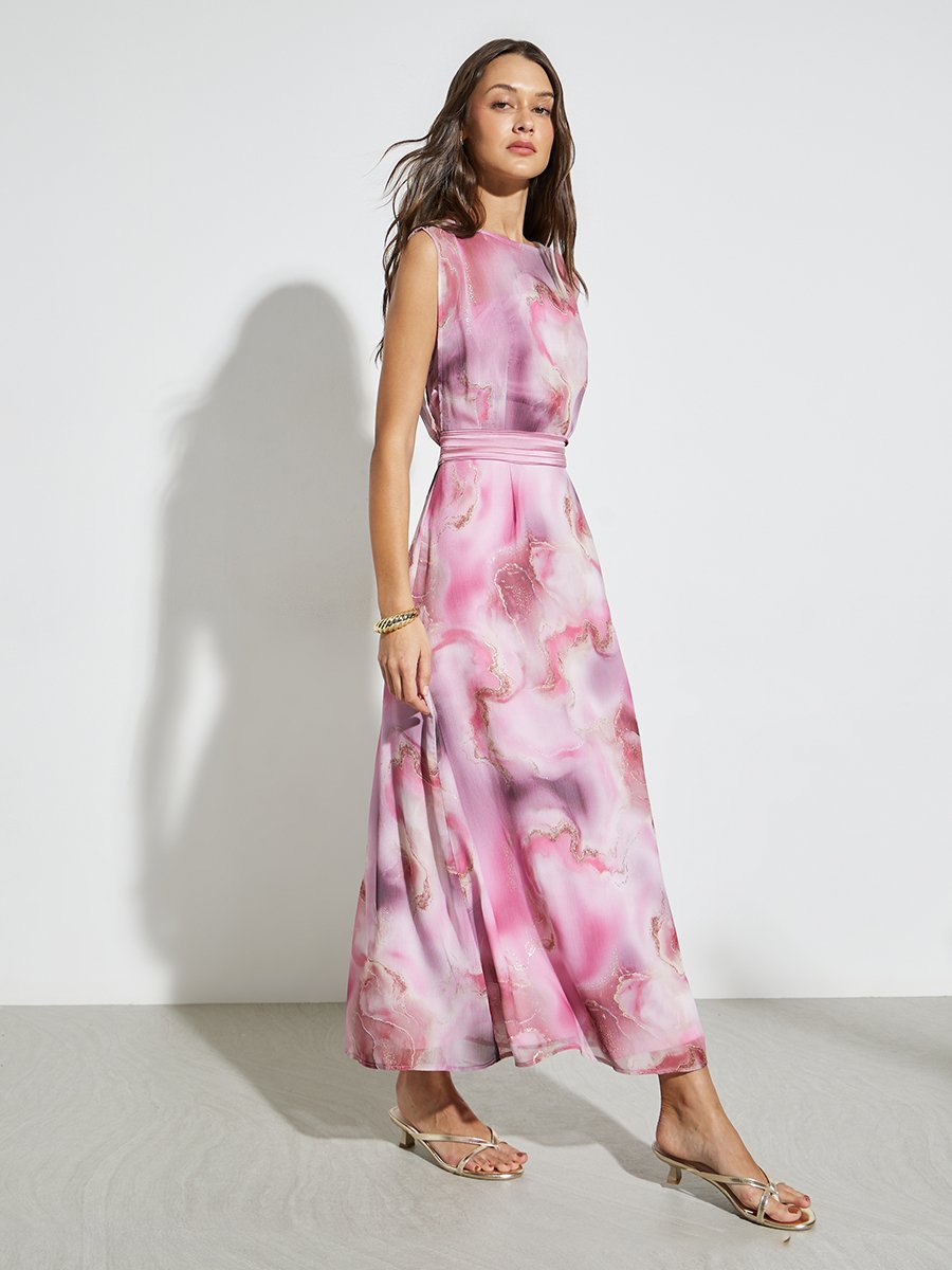 Pink Marble Tie-Dye Print A-Line Maxi Dress