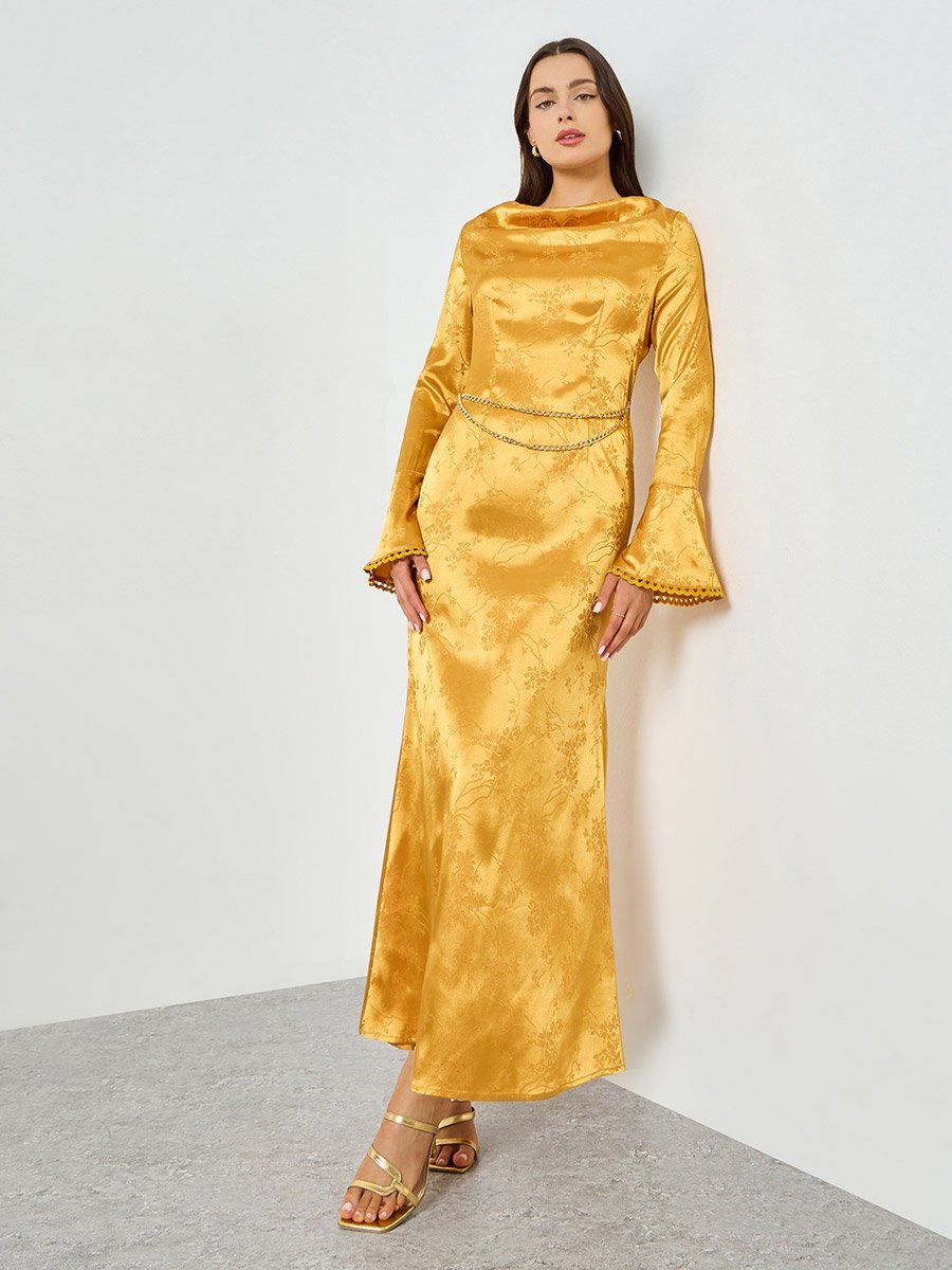 Yellow Cowl Neck Flare Sleeve Mermaid Maxi Dress For Women at Bahrain |  Styli