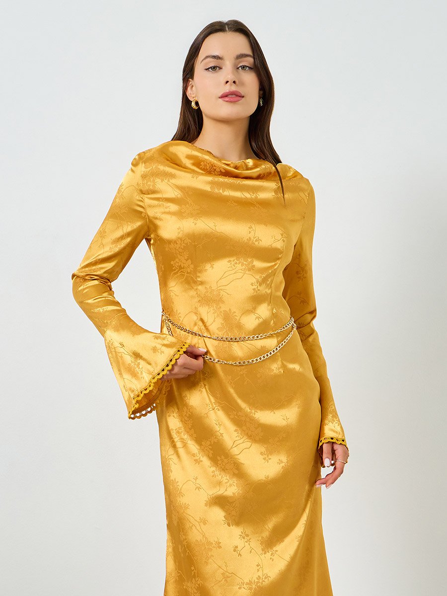 Yellow Cowl Neck Flare Sleeve Mermaid Maxi Dress