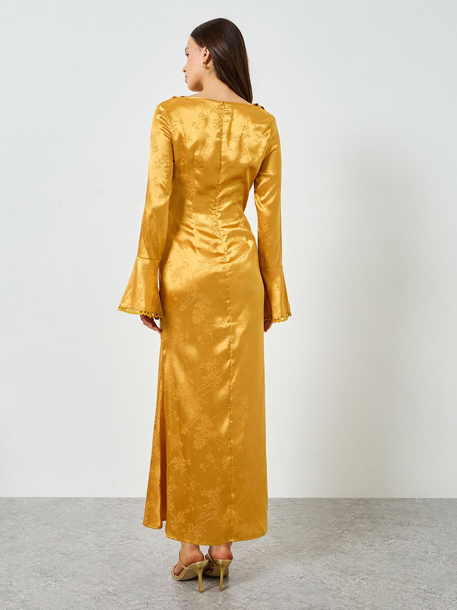 Yellow Cowl Neck Flare Sleeve Mermaid Maxi Dress