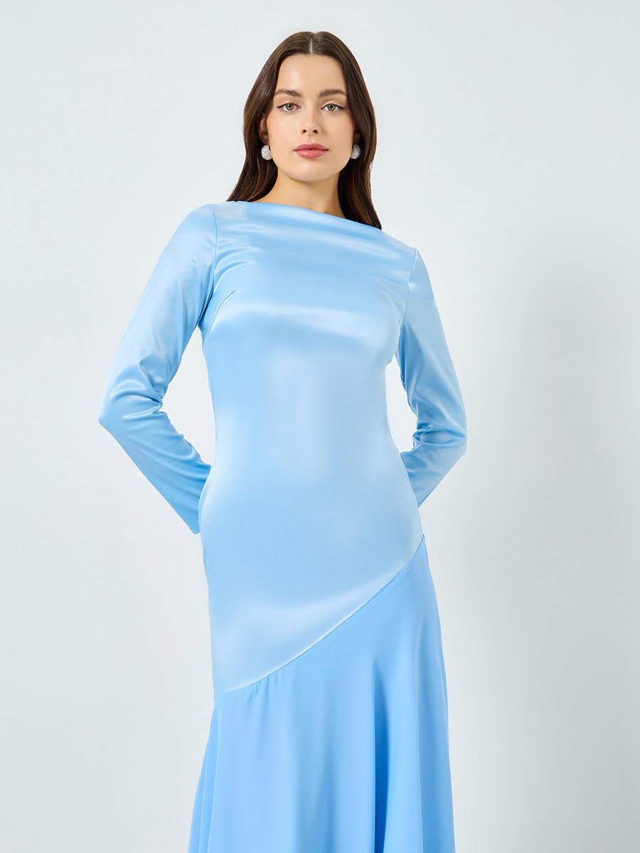 Blue Satin Boat Neck Long Sleeve Maxi Dress