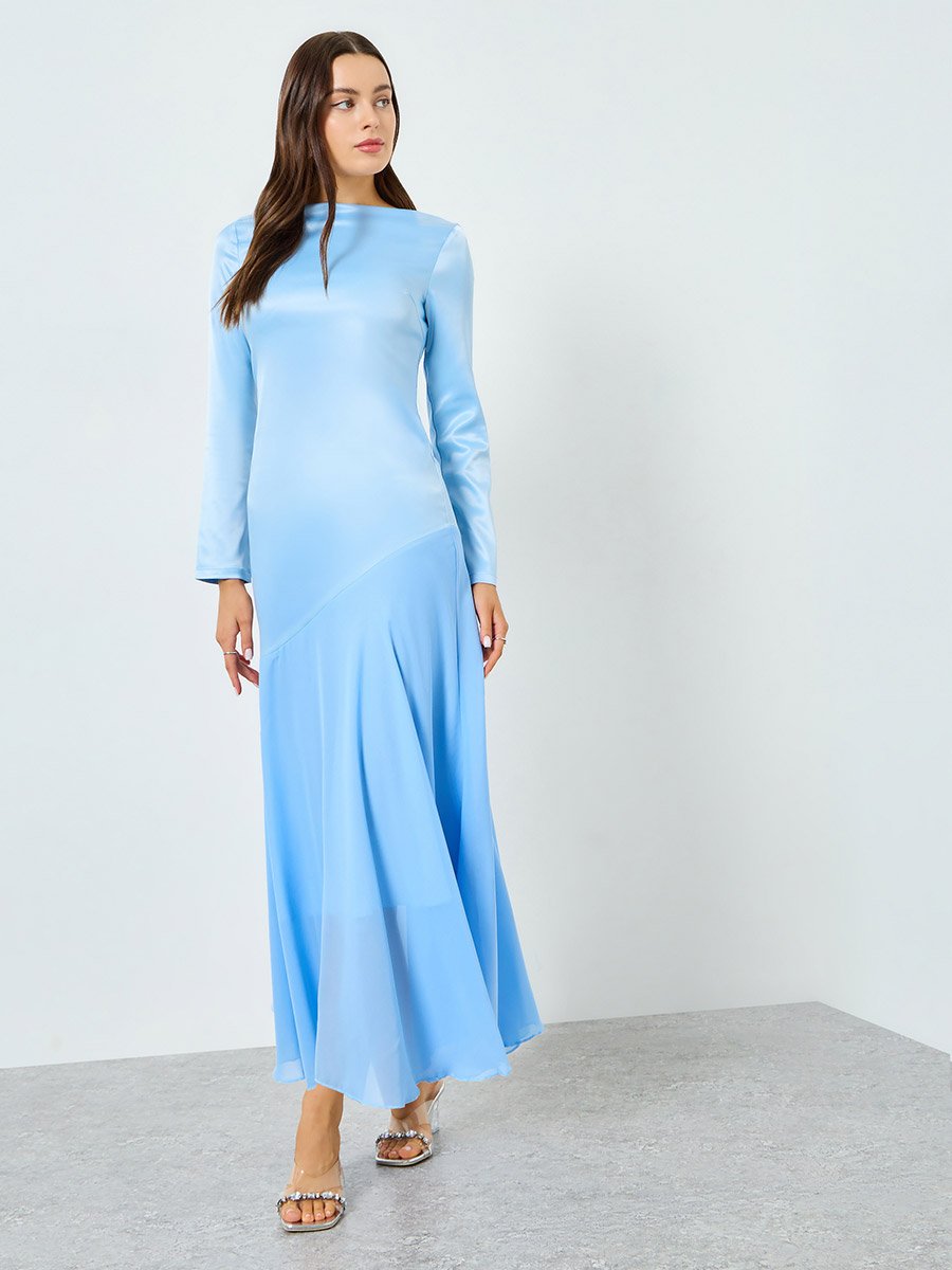 Blue Satin Boat Neck Long Sleeve Maxi Dress