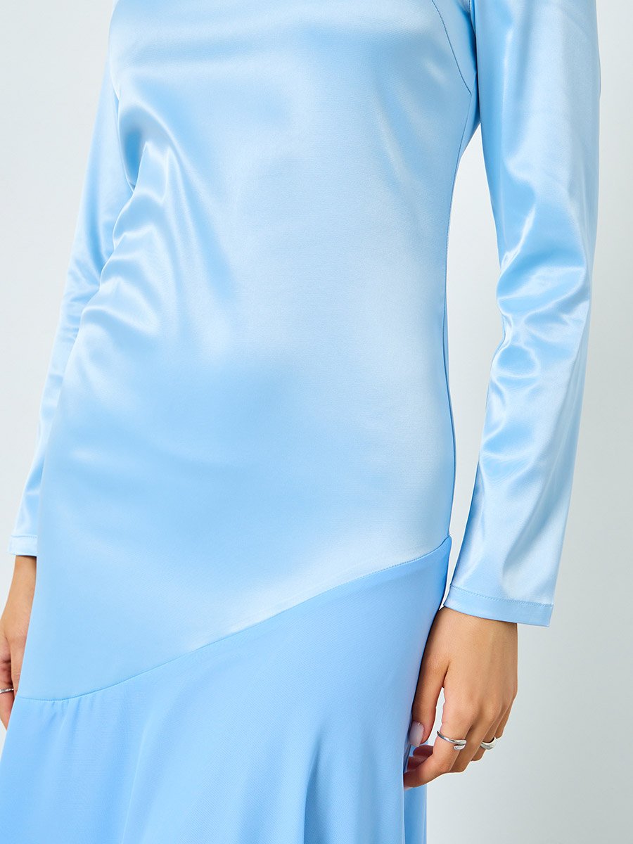 Blue Satin Boat Neck Long Sleeve Maxi Dress