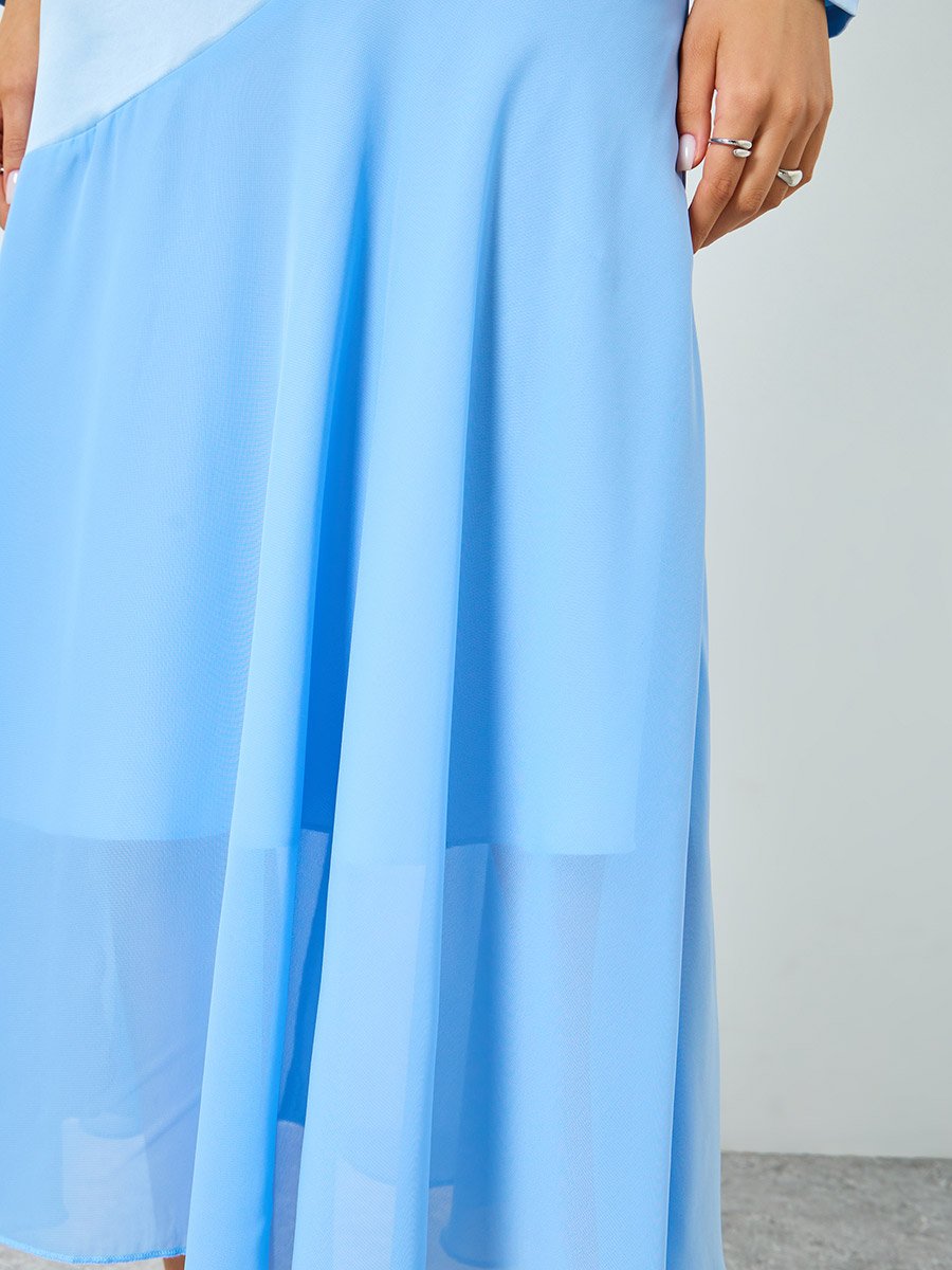 Blue Satin Boat Neck Long Sleeve Maxi Dress