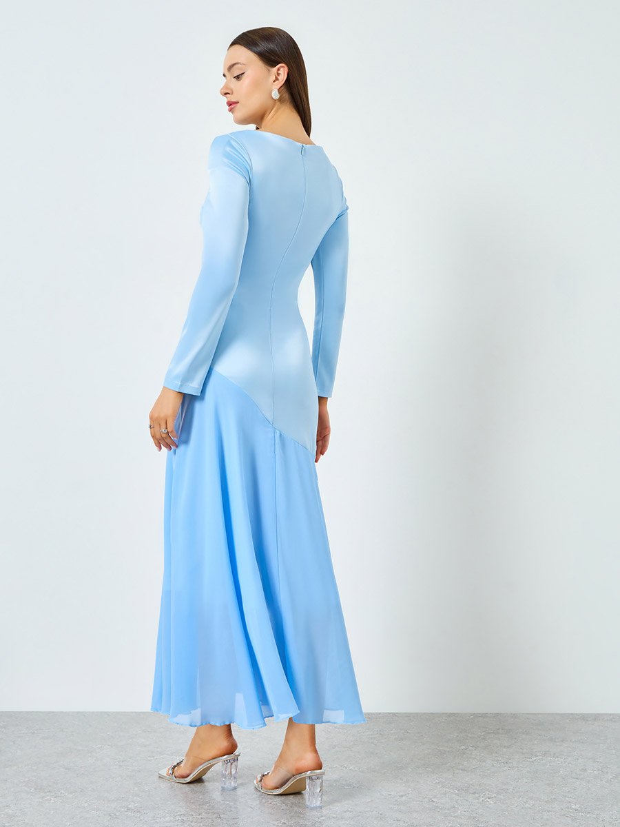 Blue Satin Boat Neck Long Sleeve Maxi Dress