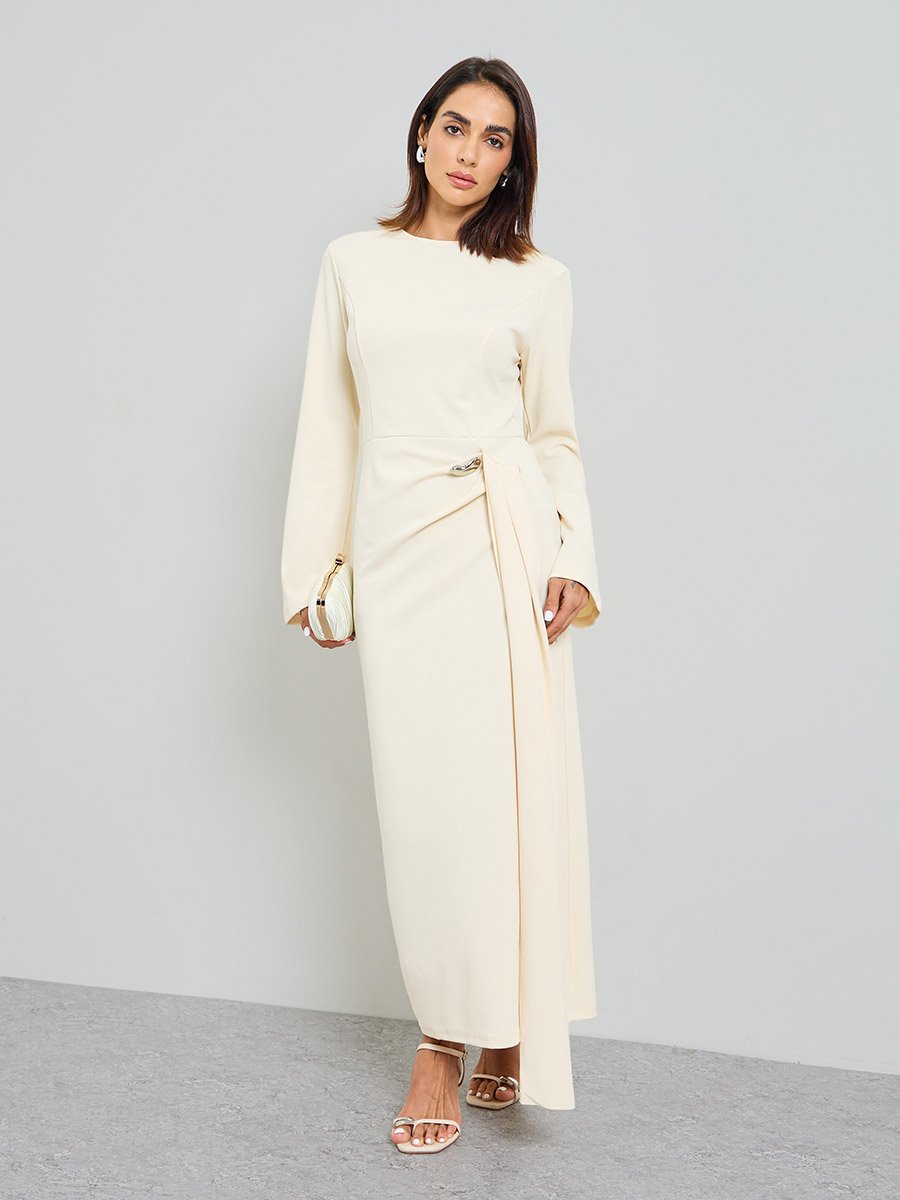 Beige Solid Midi Dress with Long Sleeves and Ruffle Detail