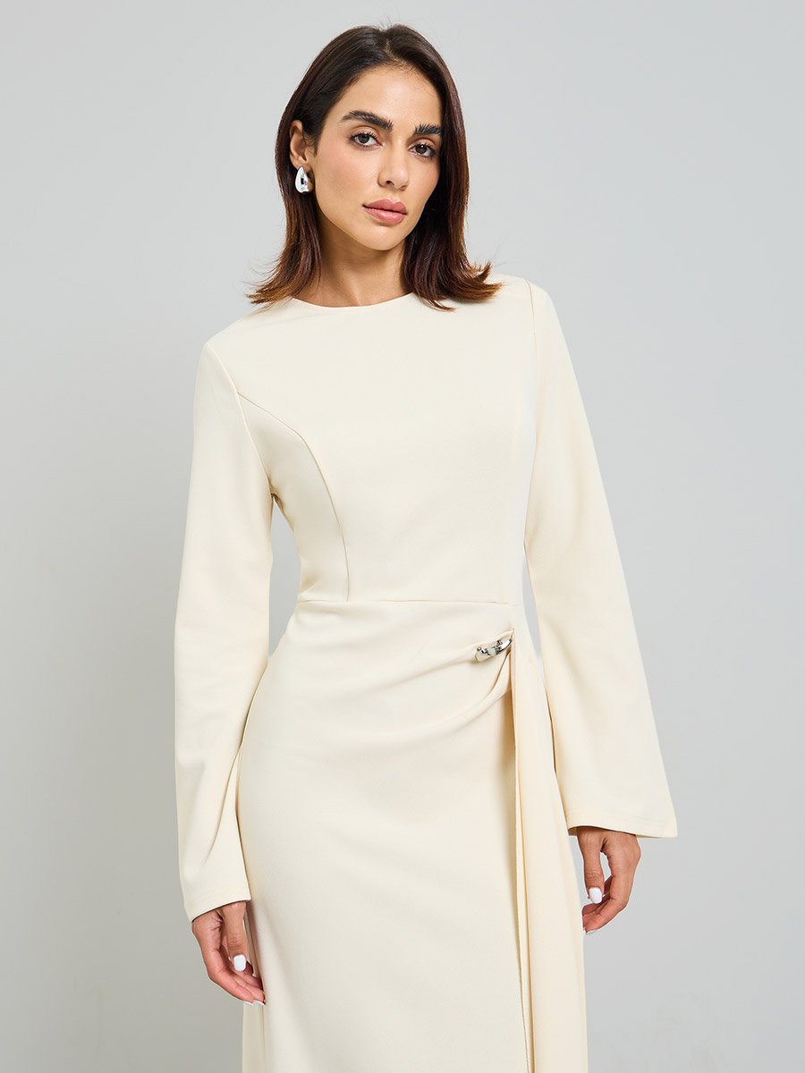 Beige Solid Midi Dress with Long Sleeves and Ruffle Detail