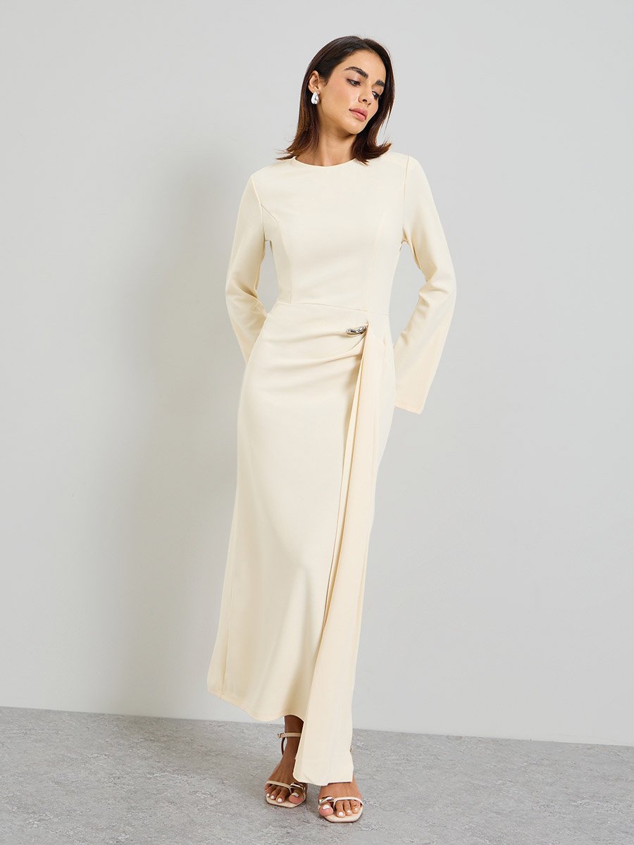 Beige Solid Midi Dress with Long Sleeves and Ruffle Detail
