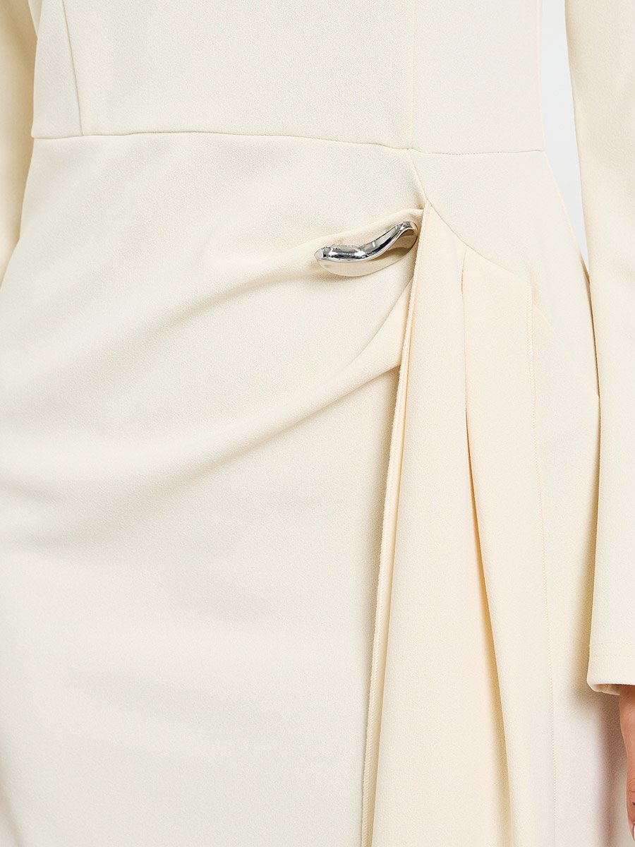 Beige Solid Midi Dress with Long Sleeves and Ruffle Detail