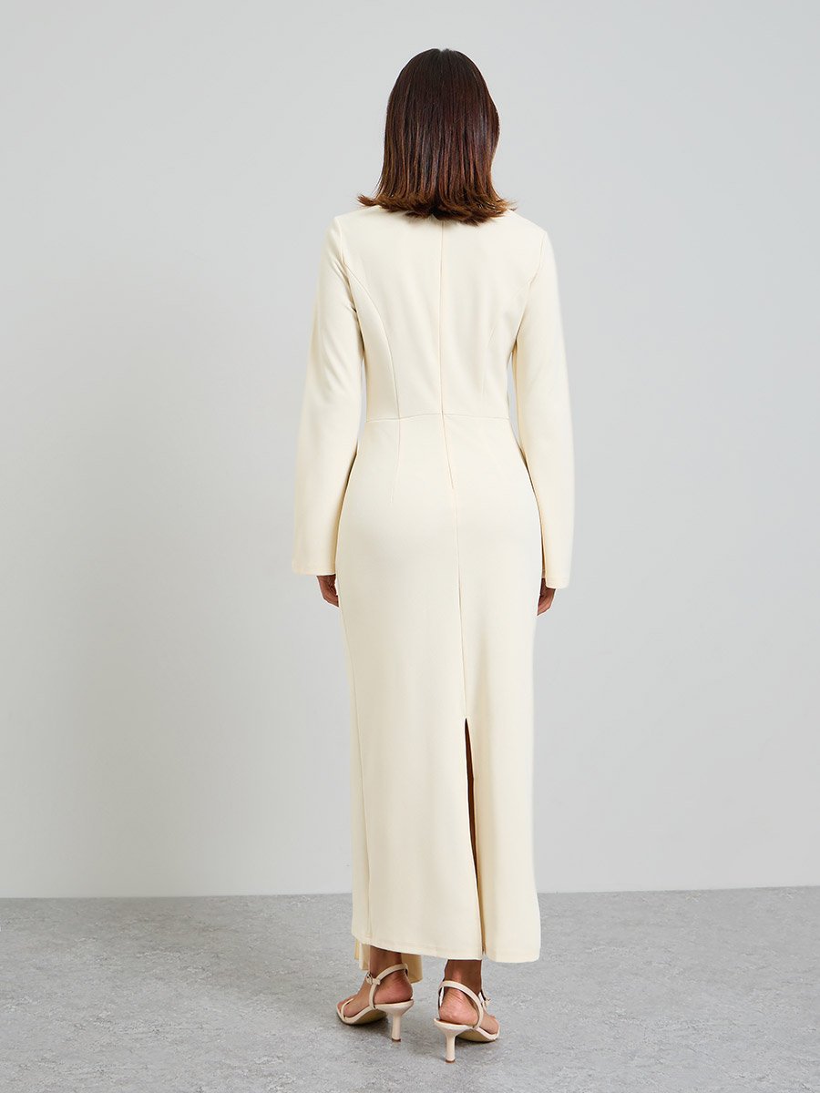 Beige Solid Midi Dress with Long Sleeves and Ruffle Detail