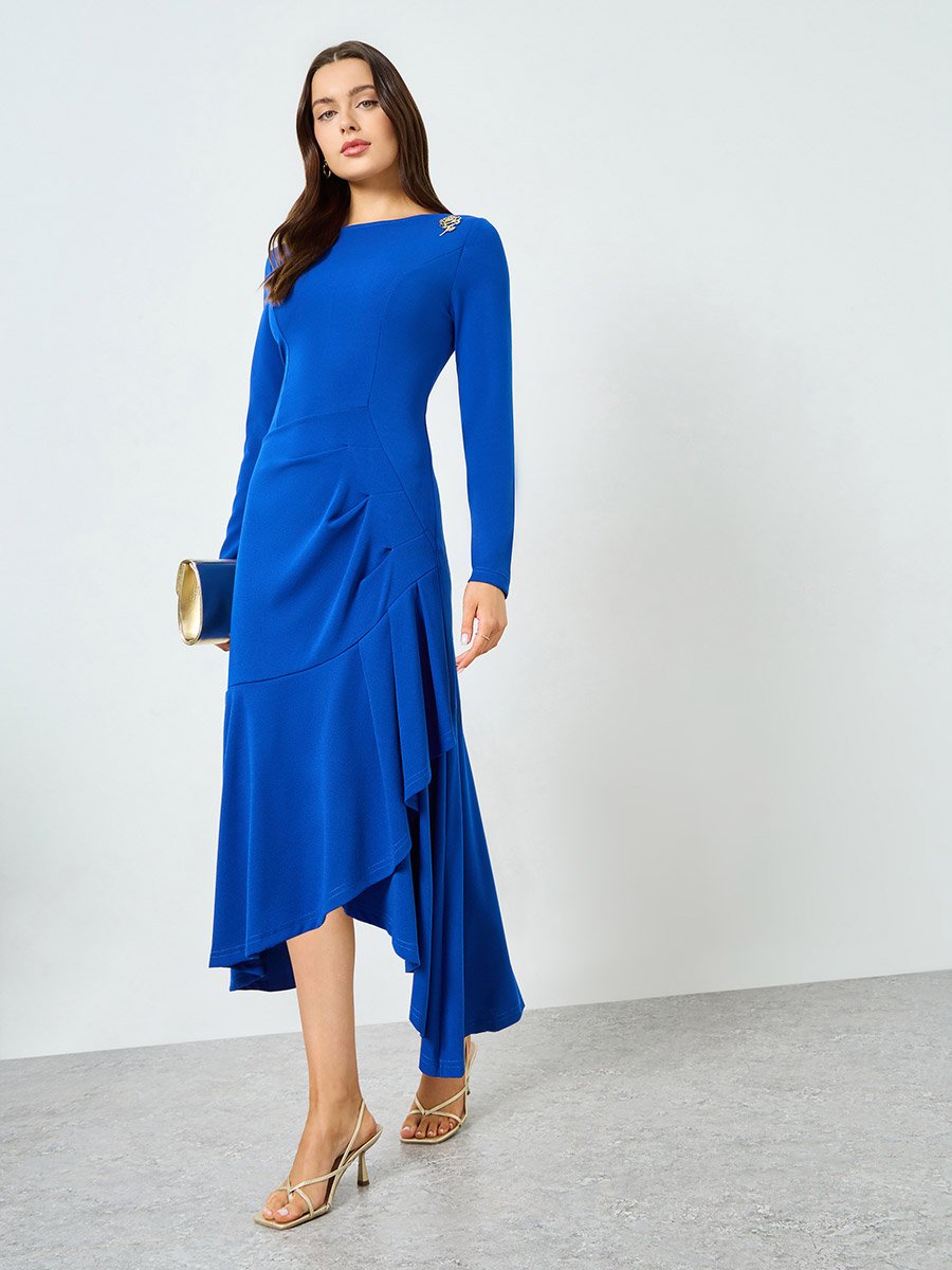 Blue Ruffled Detail Asymmetric Hem Midi Dress