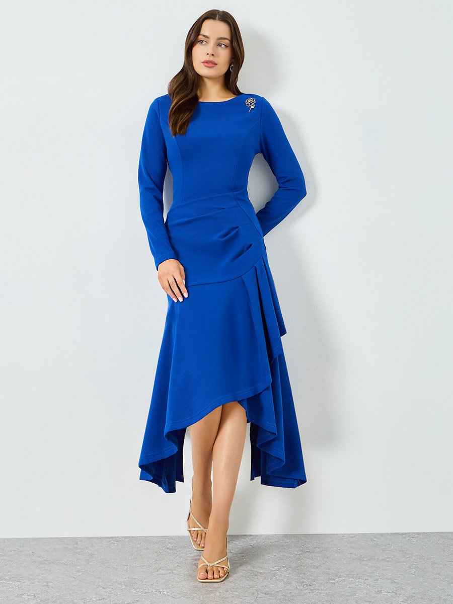 Blue Ruffled Detail Asymmetric Hem Midi Dress
