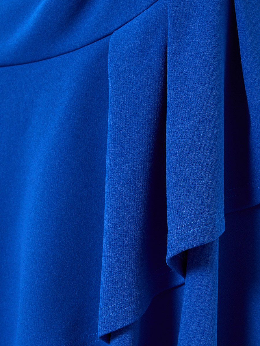Blue Ruffled Detail Asymmetric Hem Midi Dress