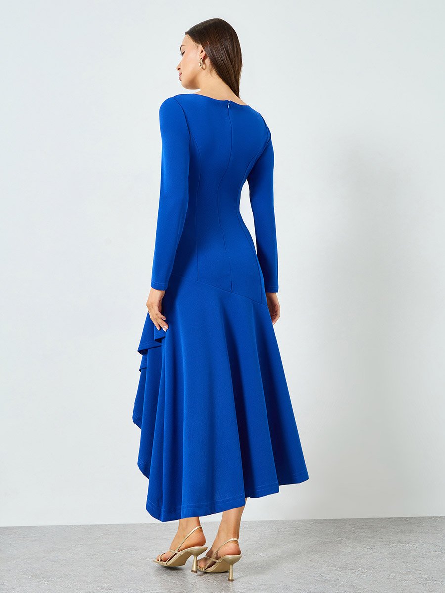 Blue Ruffled Detail Asymmetric Hem Midi Dress