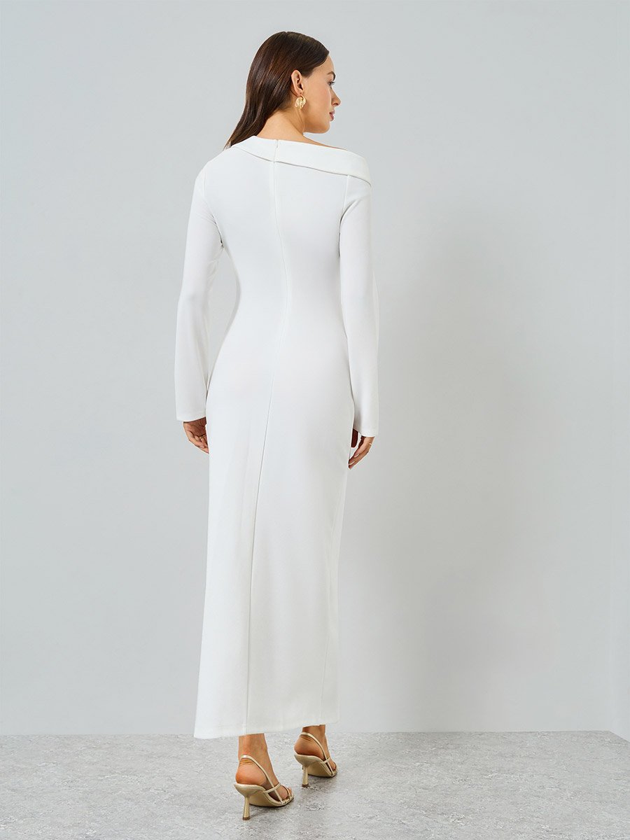 Off-White Asymmetric Neck Long Sleeve Maxi Dress For Women at UAE
