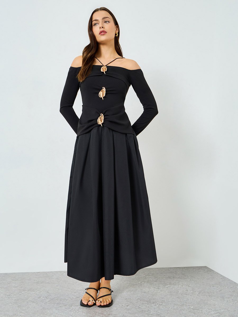 Black Off-Shoulder Midi Dress with Embellished Leaf Detail