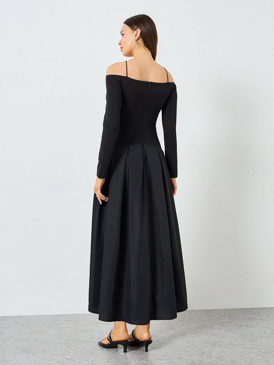 Black Off-Shoulder Midi Dress with Embellished Leaf Detail