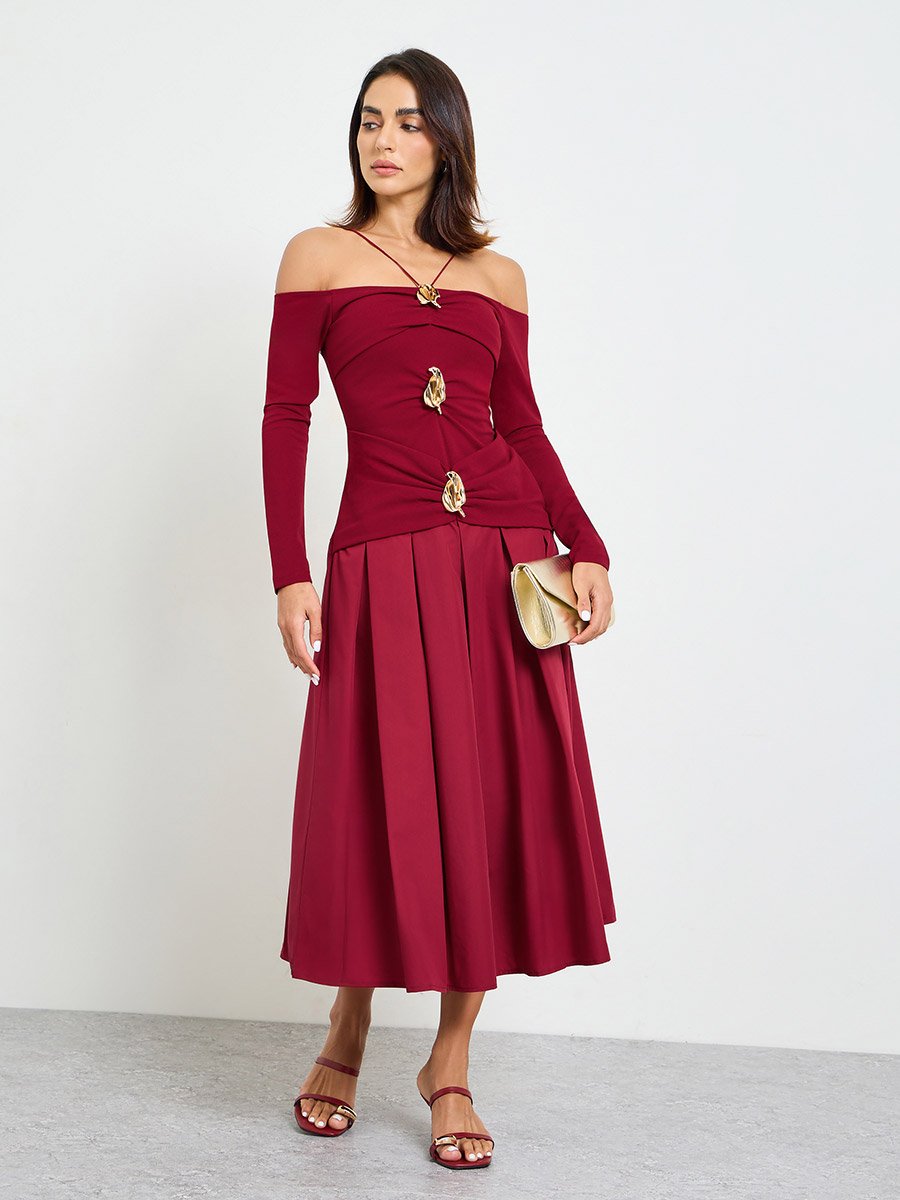 Burgundy Embellished A-Line Midi Dress with Off-Shoulder Long Sleeves