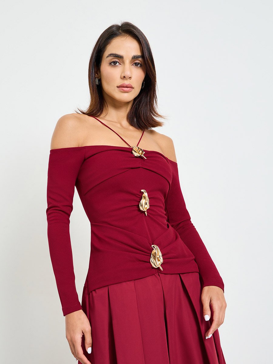 Burgundy Embellished A-Line Midi Dress with Off-Shoulder Long Sleeves