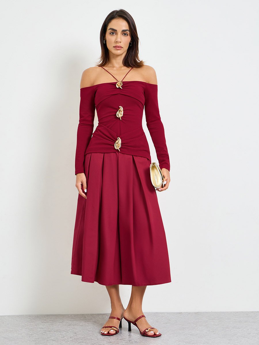 Burgundy Embellished A-Line Midi Dress with Off-Shoulder Long Sleeves