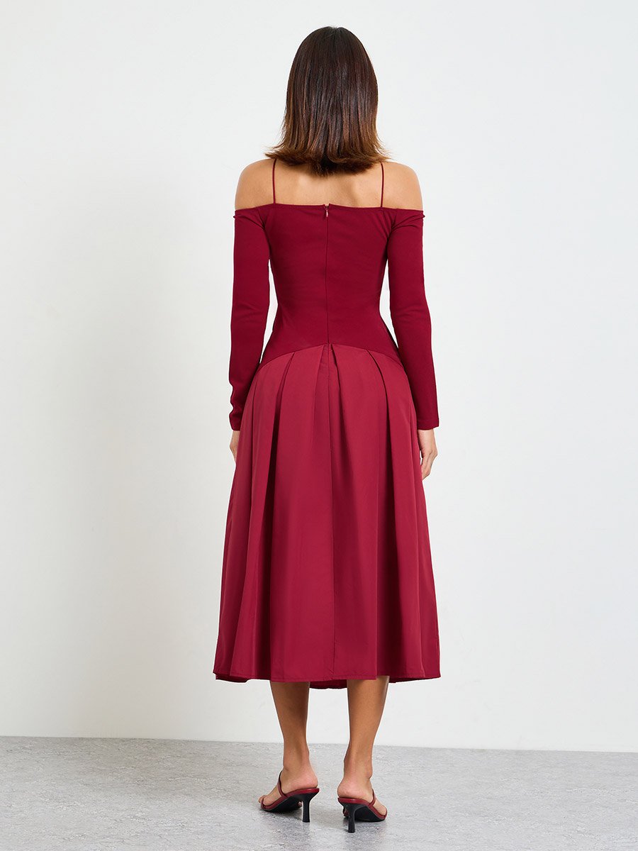 Burgundy Embellished A-Line Midi Dress with Off-Shoulder Long Sleeves