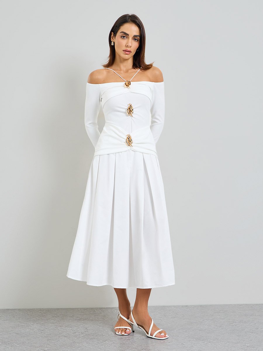 White Embellished A-Line Midi Dress with Off-Shoulder Long Sleeves