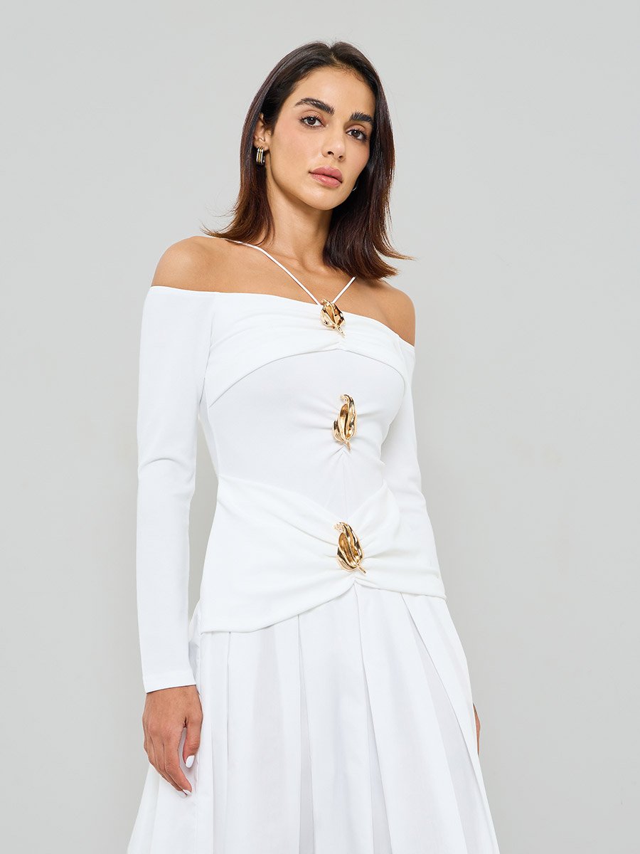 White Embellished A-Line Midi Dress with Off-Shoulder Long Sleeves