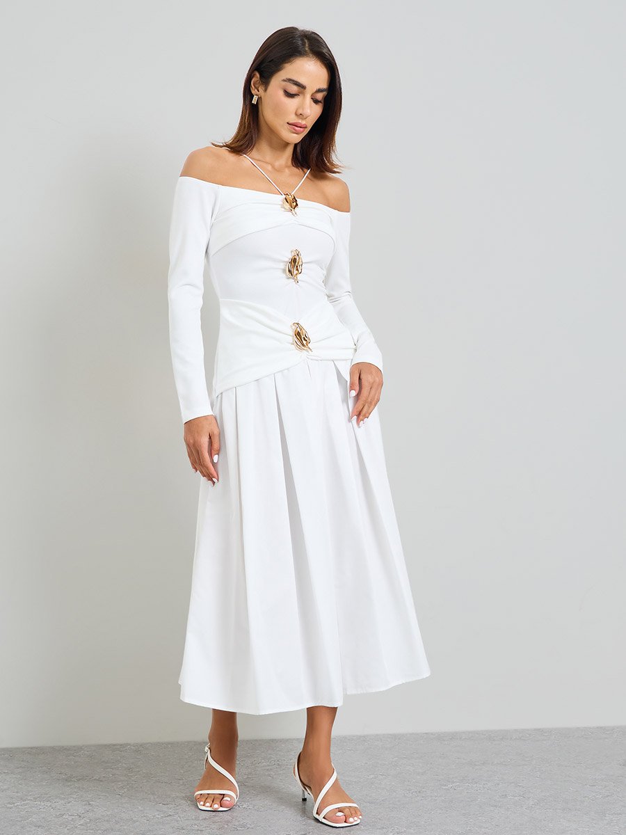 White Embellished A-Line Midi Dress with Off-Shoulder Long Sleeves