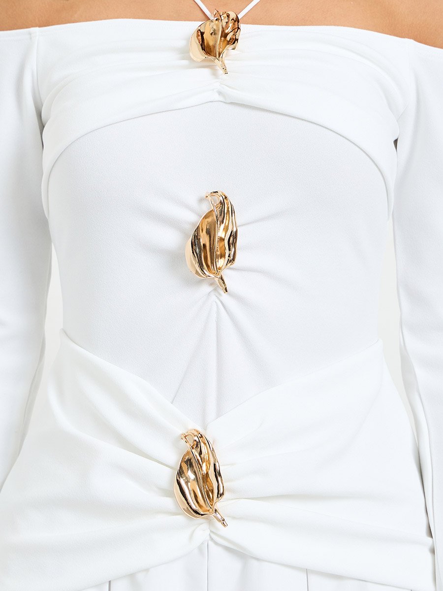 White Embellished A-Line Midi Dress with Off-Shoulder Long Sleeves