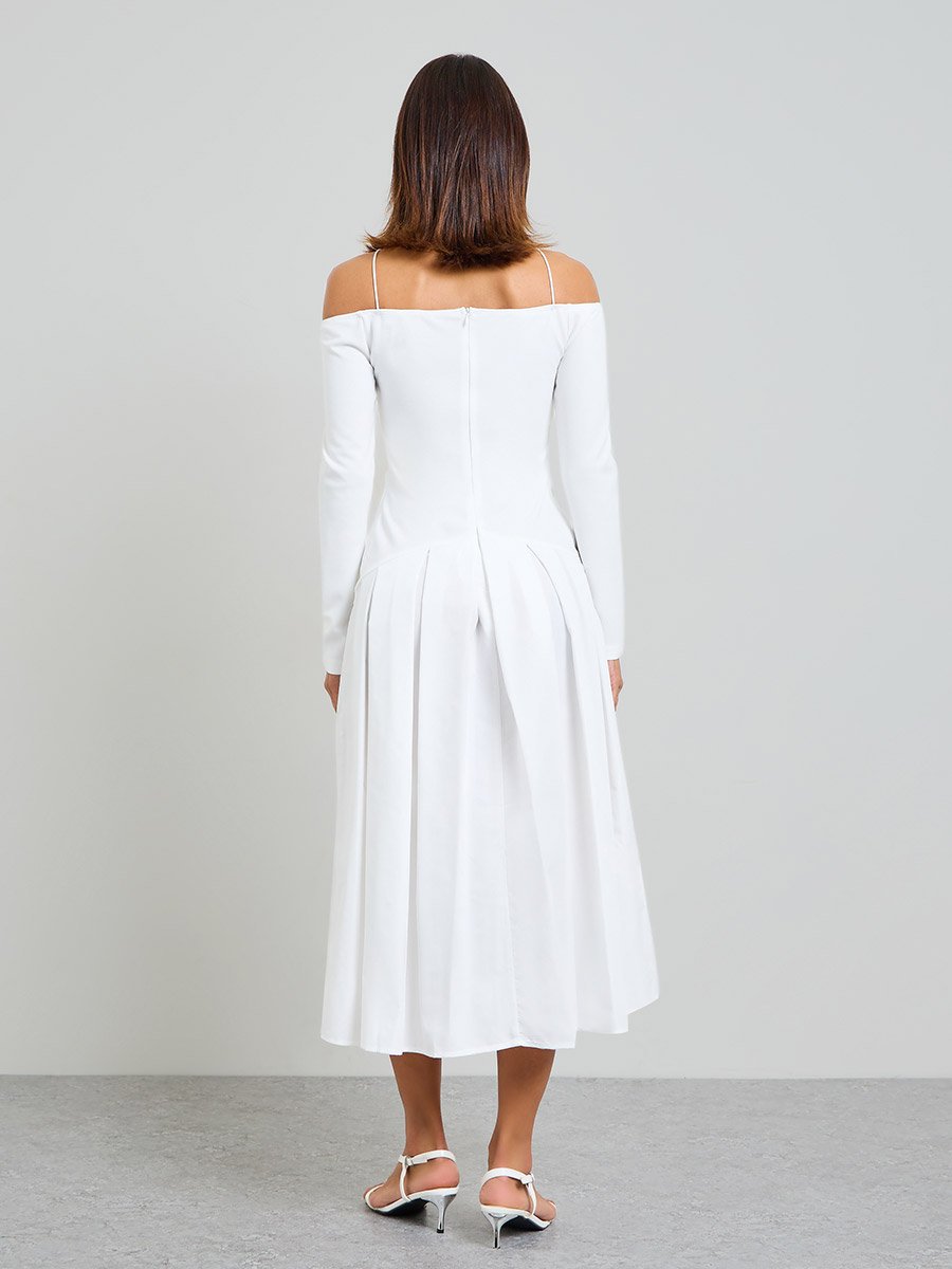 White Embellished A-Line Midi Dress with Off-Shoulder Long Sleeves