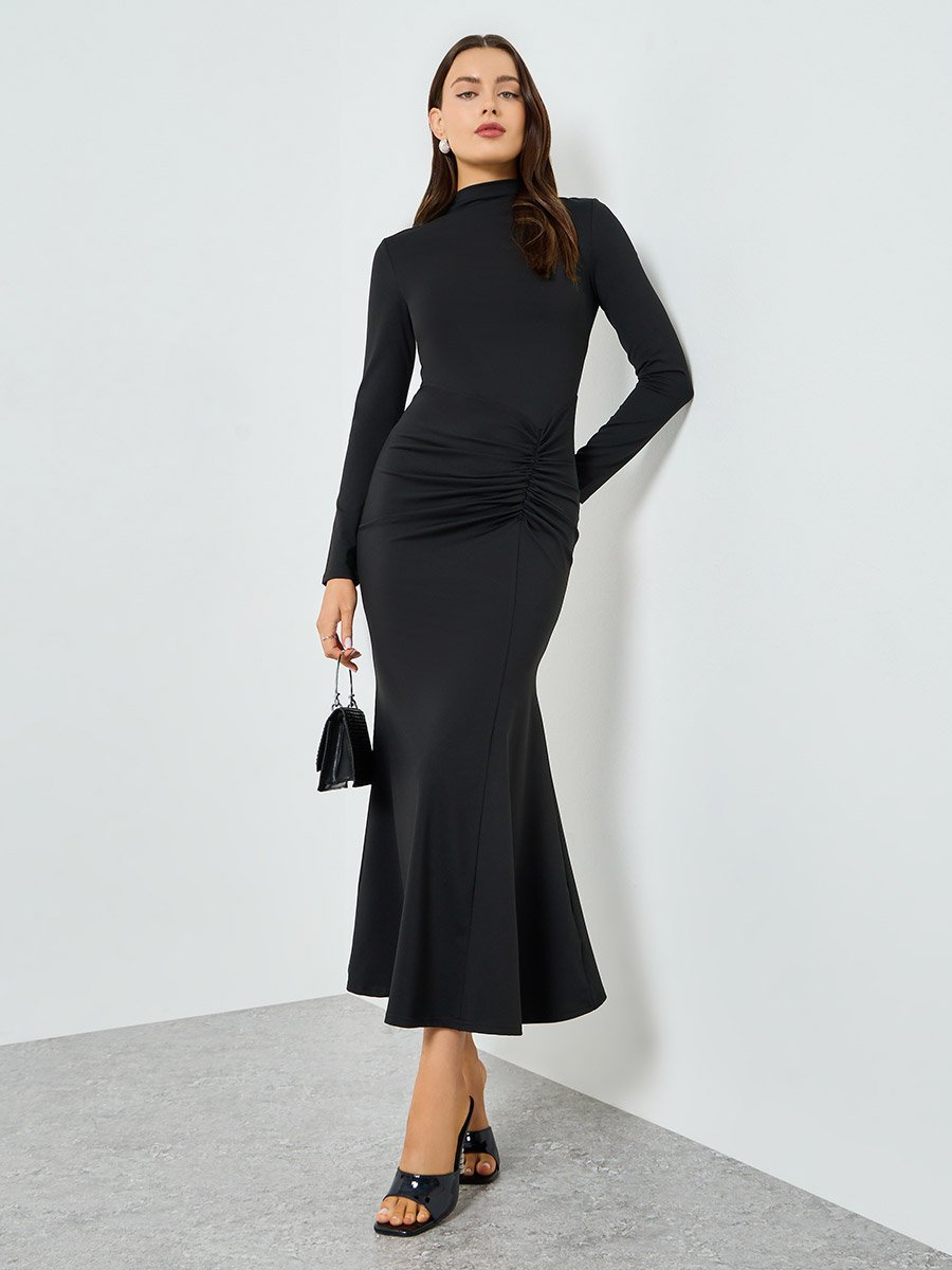 Black High Neck Ruched Detail Bodycon Maci Dress