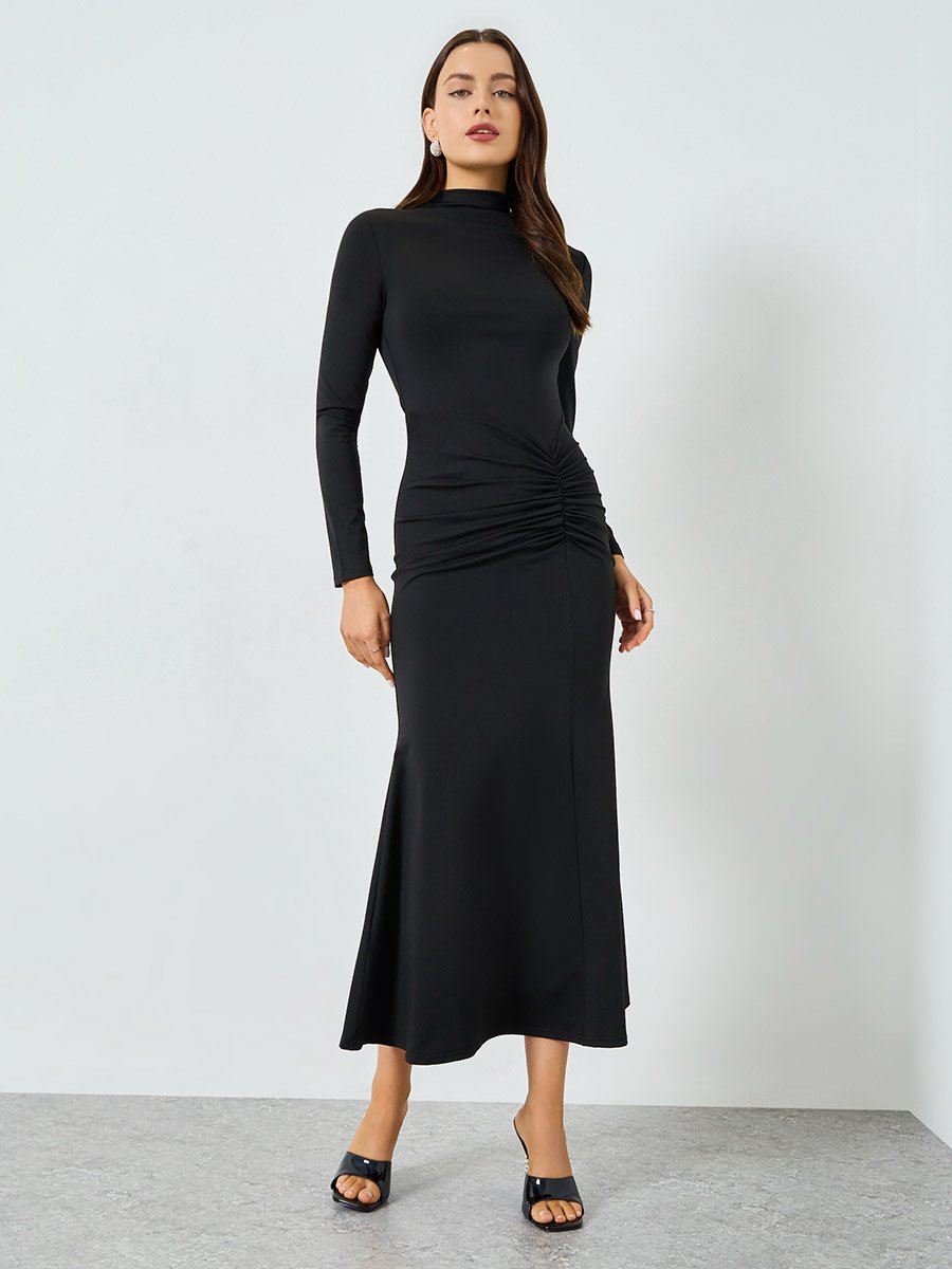 Black High Neck Ruched Detail Bodycon Maci Dress