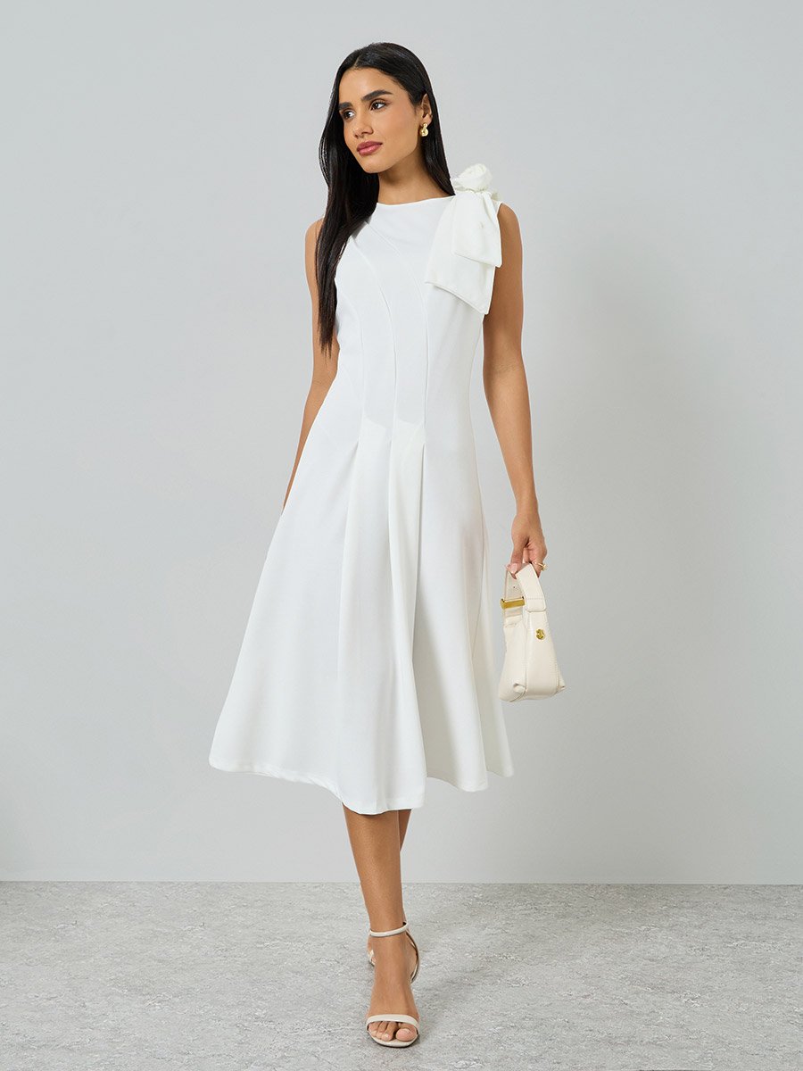 White Sleeveless Midi Dress with Flower Corsage