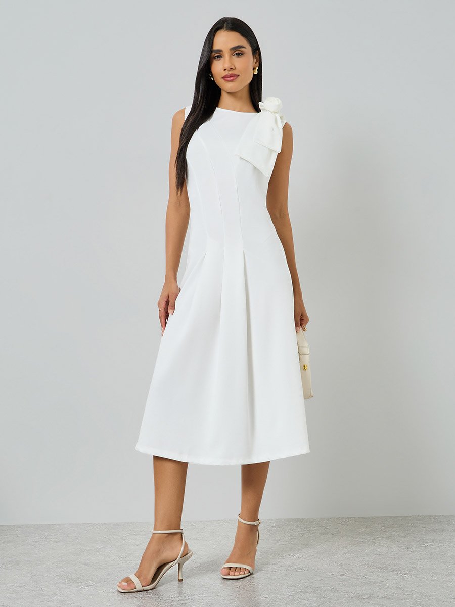 White Sleeveless Midi Dress with Flower Corsage