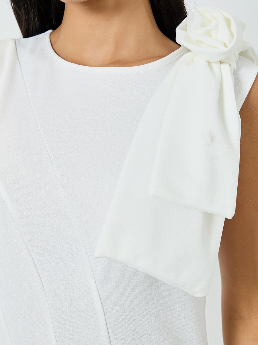 White Sleeveless Midi Dress with Flower Corsage