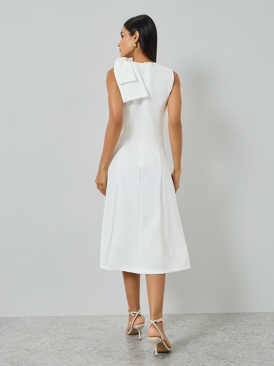 White Sleeveless Midi Dress with Flower Corsage