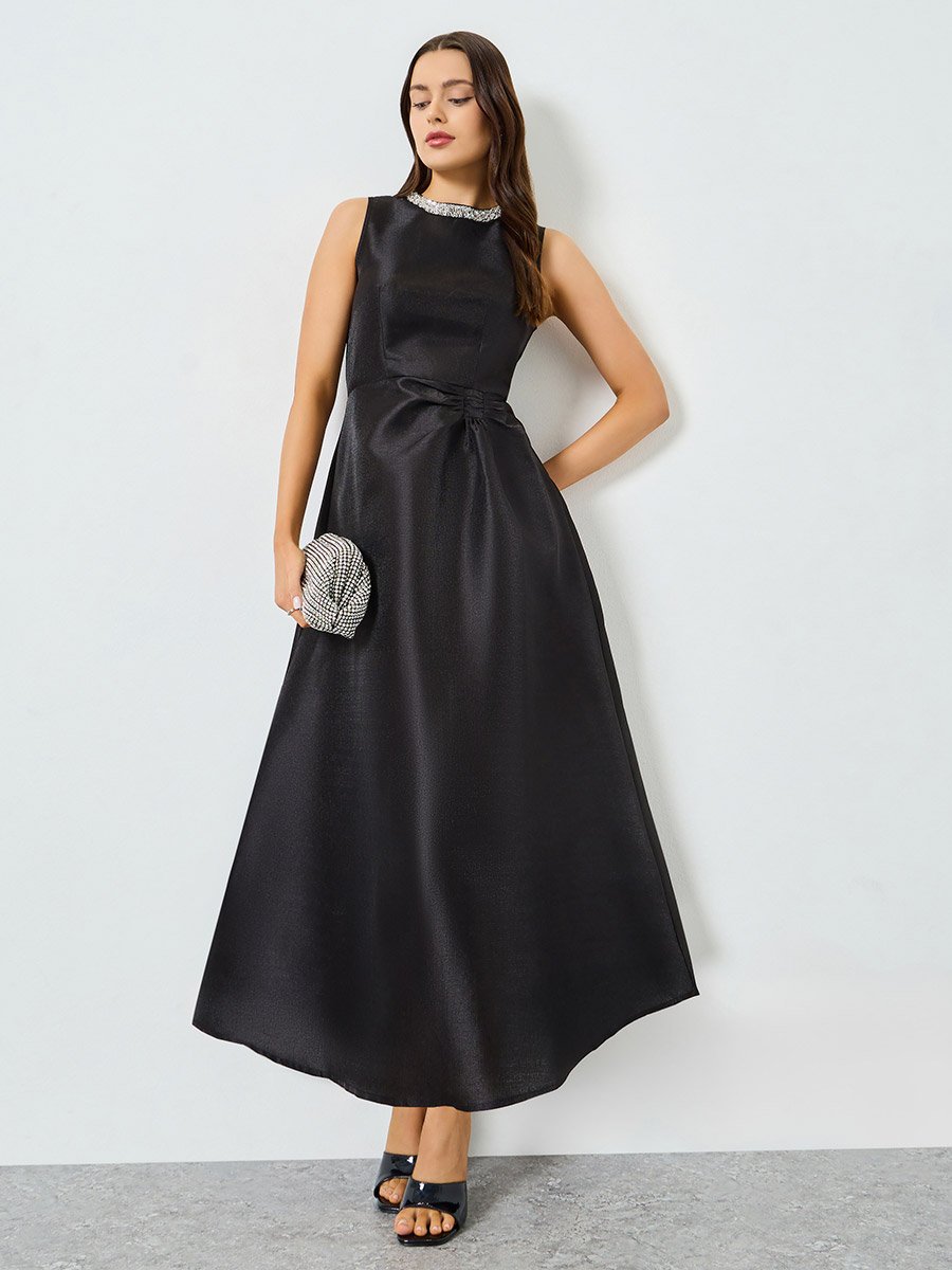 Black Satin Embellished Neckline Sleeveless Maxi Dress