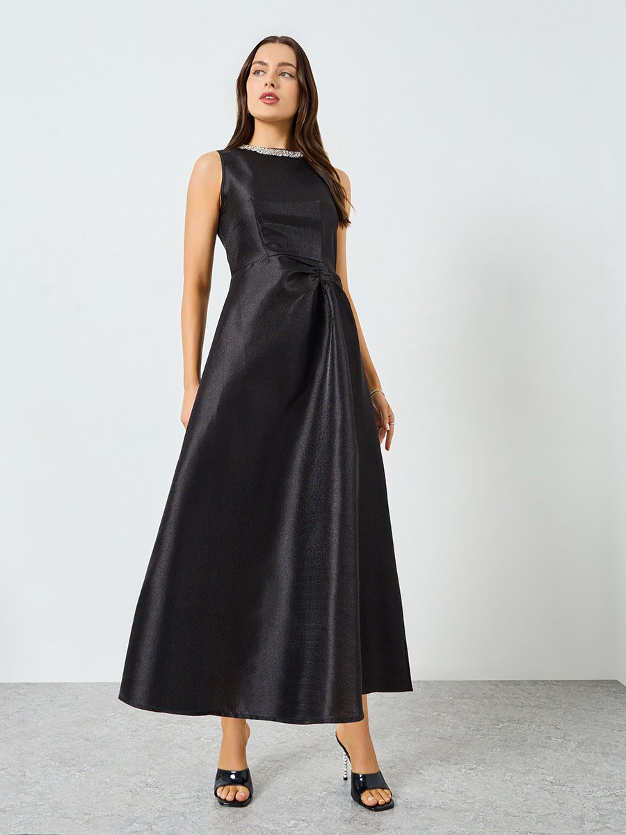 Black Satin Embellished Neckline Sleeveless Maxi Dress