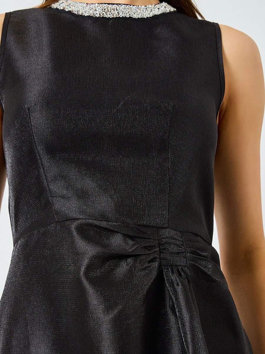 Black Satin Embellished Neckline Sleeveless Maxi Dress