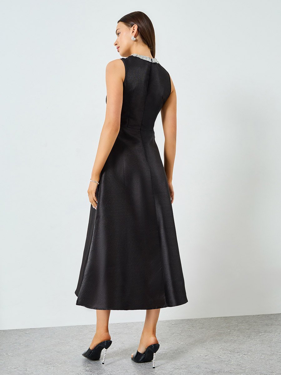 Black Satin Embellished Neckline Sleeveless Maxi Dress