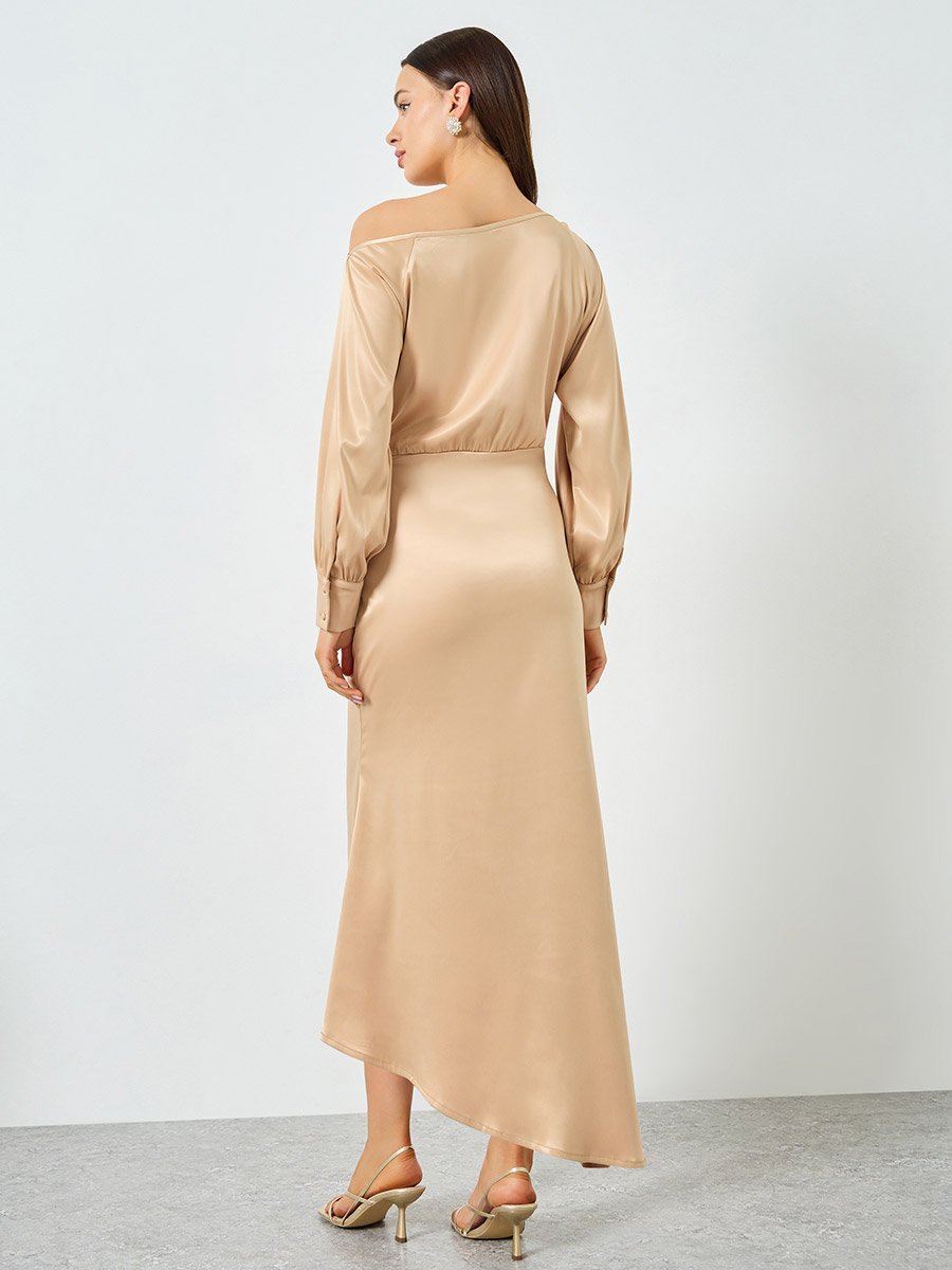 one shoulder balloon sleeve midi dress Beige Satin One Shoulder Balloon Sleeve Midi Dress For Women at UAE