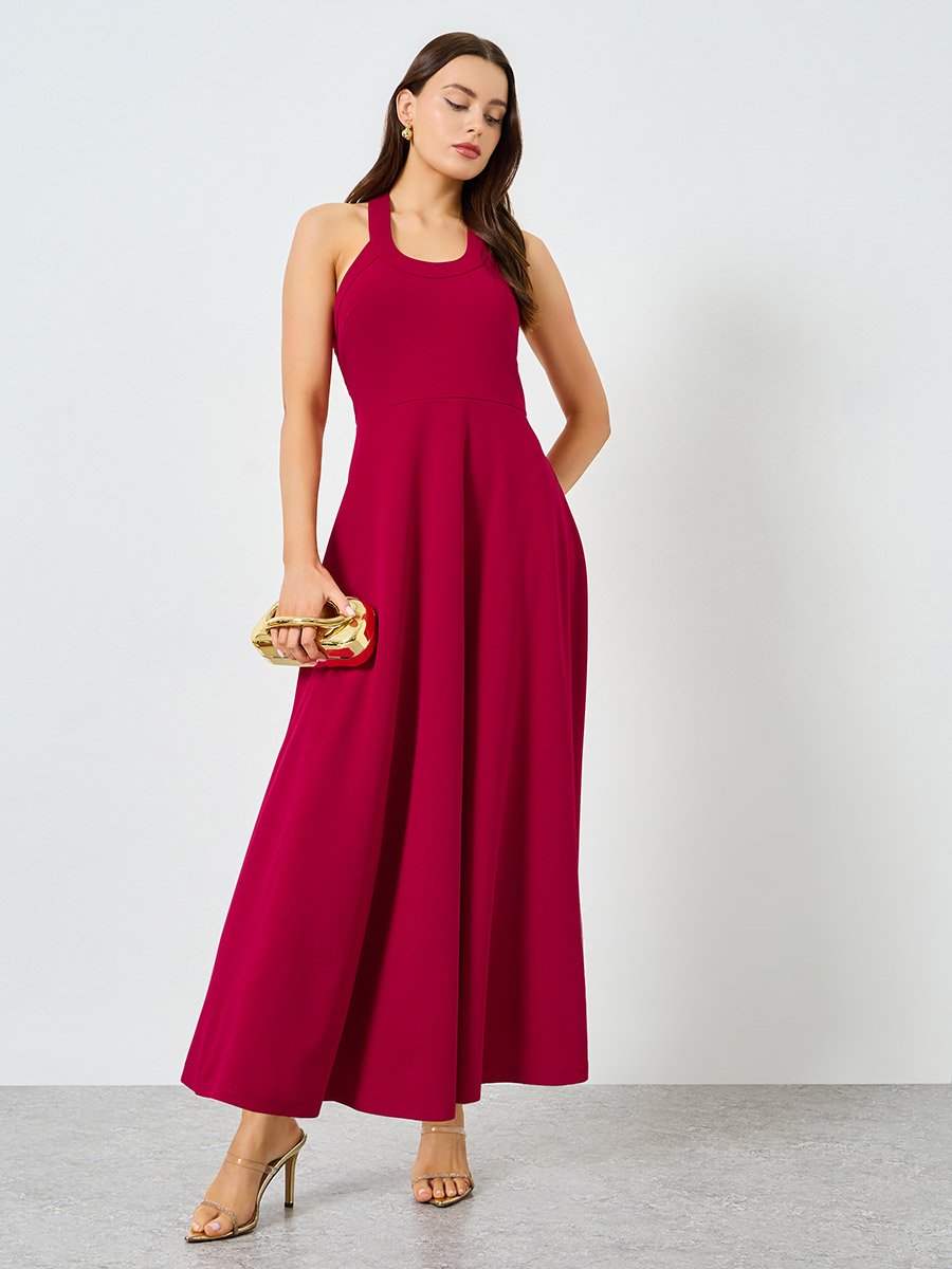 Red Halter Neck Sleeveless A-Line Maxi Dress
