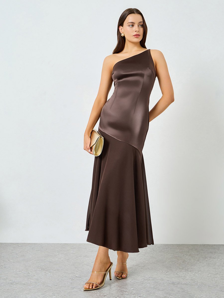 princess polly baby blue dress Chocolate Brown Chocolate Brown Satin One Shoulder Draped Top main image 1