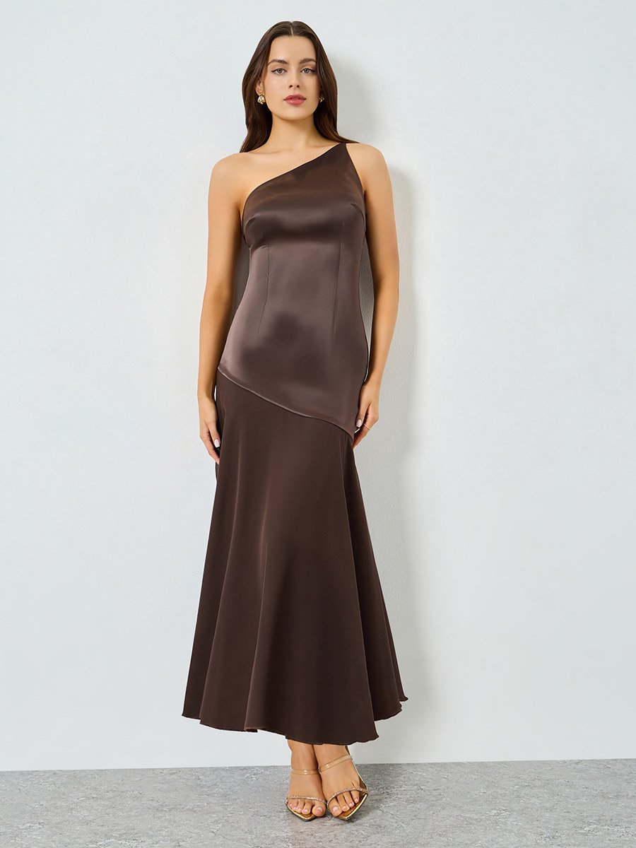 Brown Satin One Shoulder Neck Midi Dress