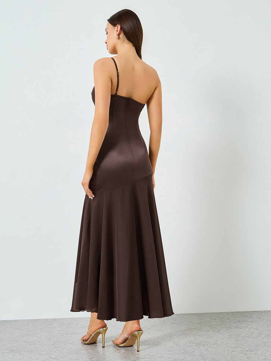 princess polly baby blue dress Extra Special One Shoulder Satin Maxi Dress Brown main image 1