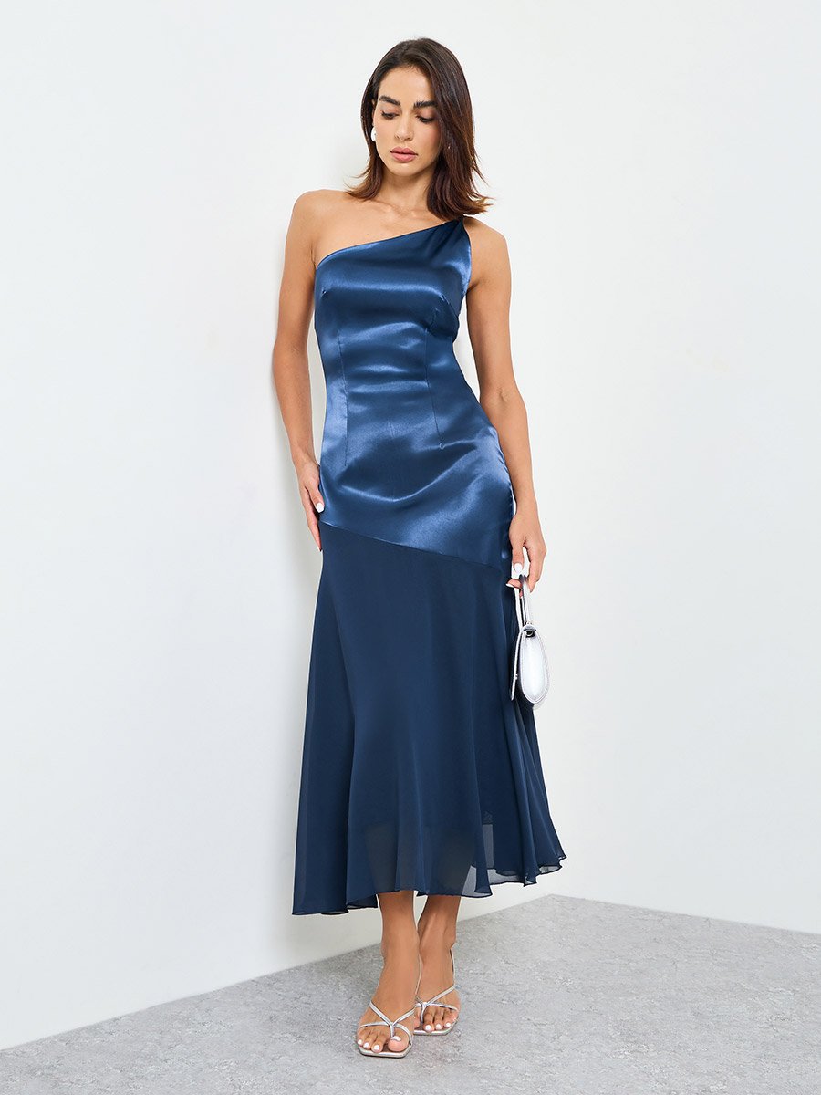 Navy One-Shoulder Midi Mermaid Hem Dress
