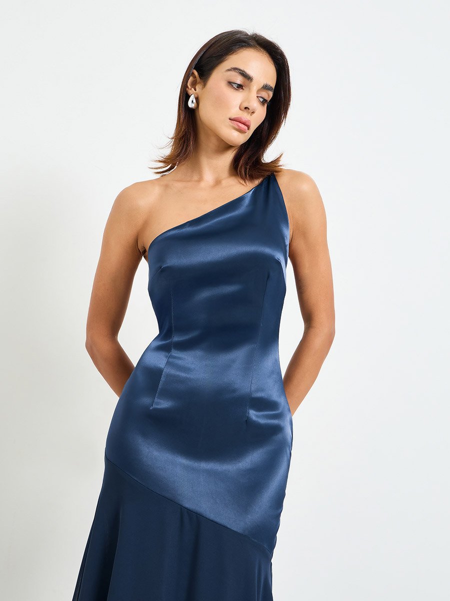 Navy One-Shoulder Midi Mermaid Hem Dress