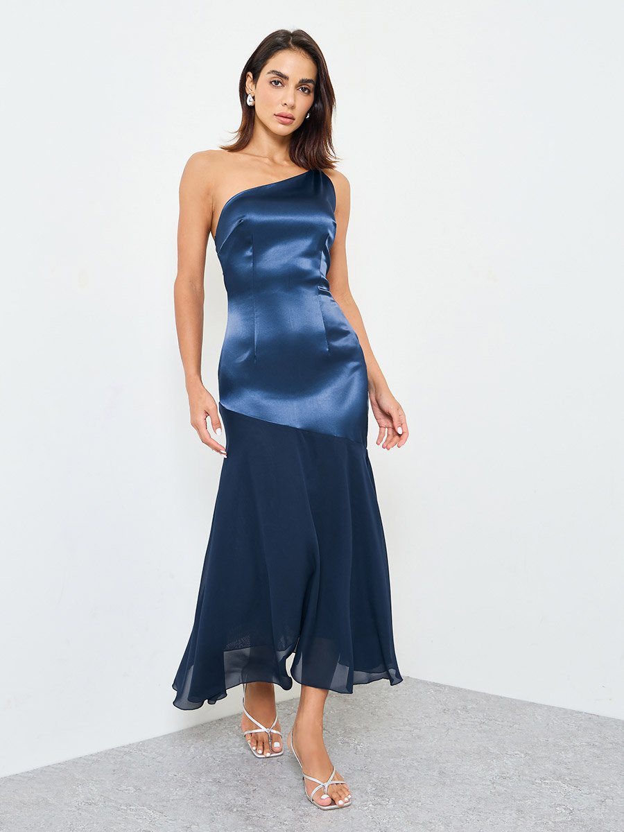 Navy One-Shoulder Midi Mermaid Hem Dress