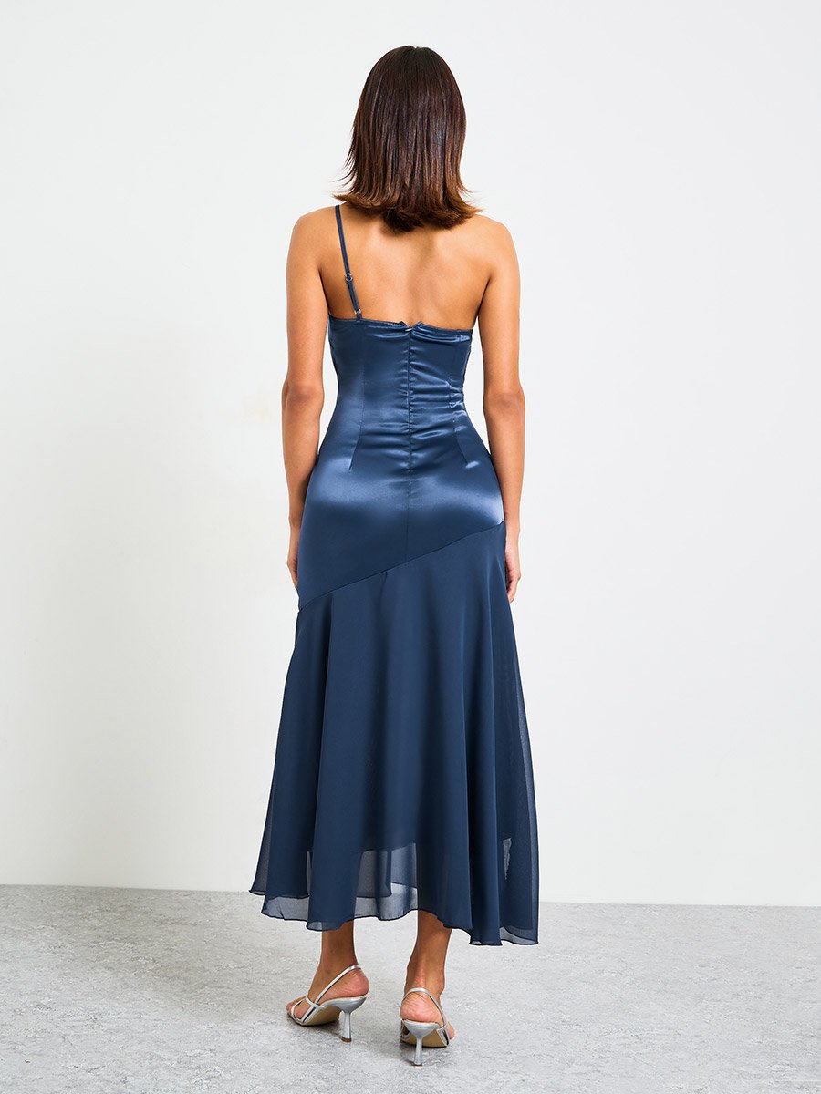 Navy One-Shoulder Midi Mermaid Hem Dress