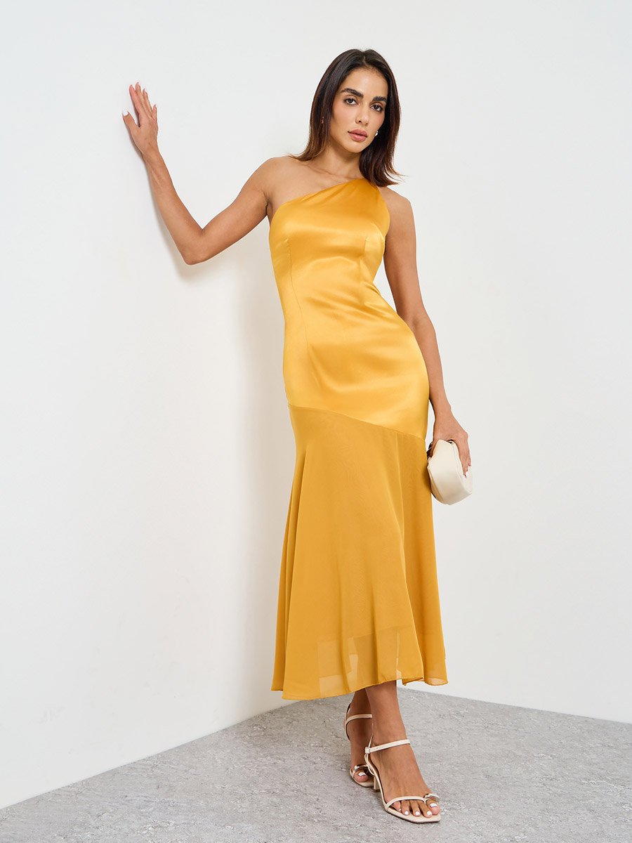 Orange Solid Bodycon Midi Dress with One Shoulder Strap